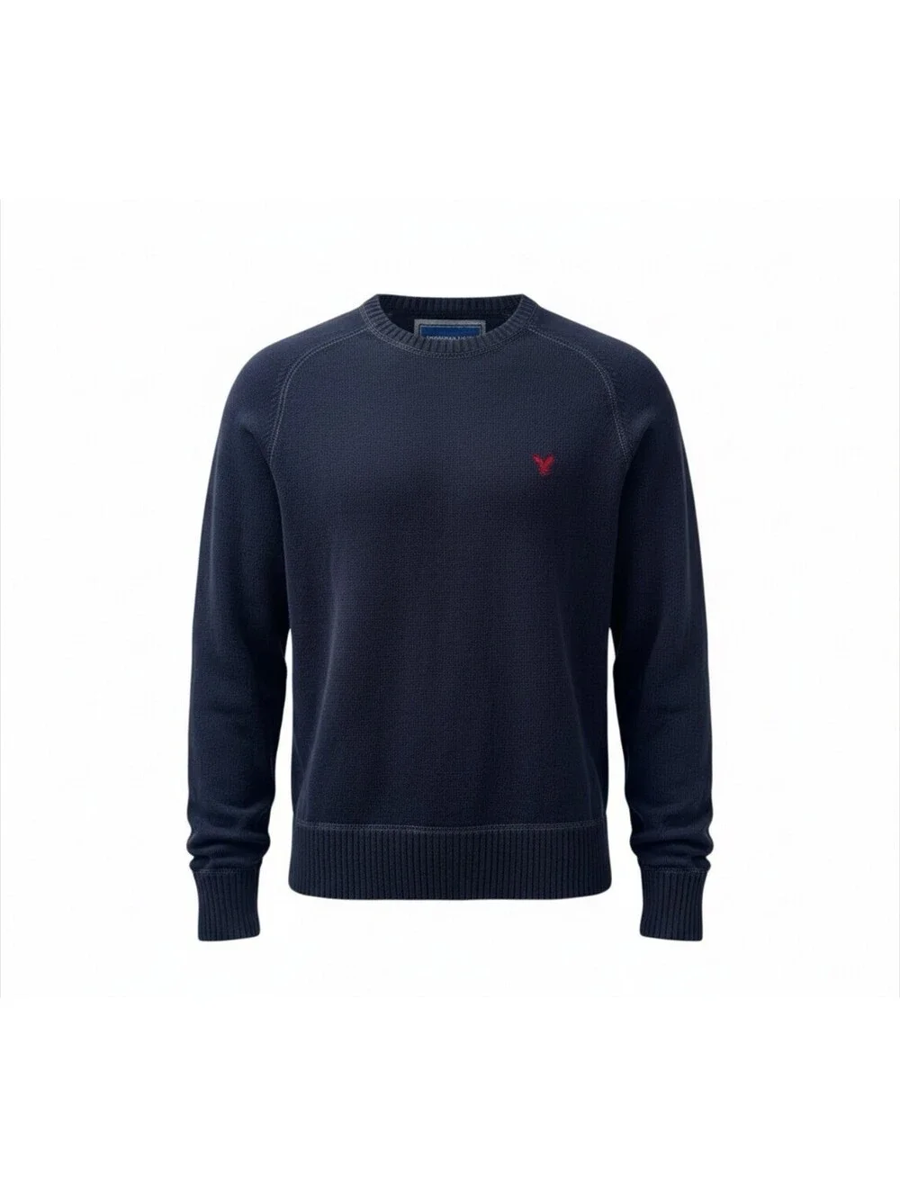 American Eagle Mens XL Navy Knit Crewneck Sweater Pullover Logo Raglan Casual